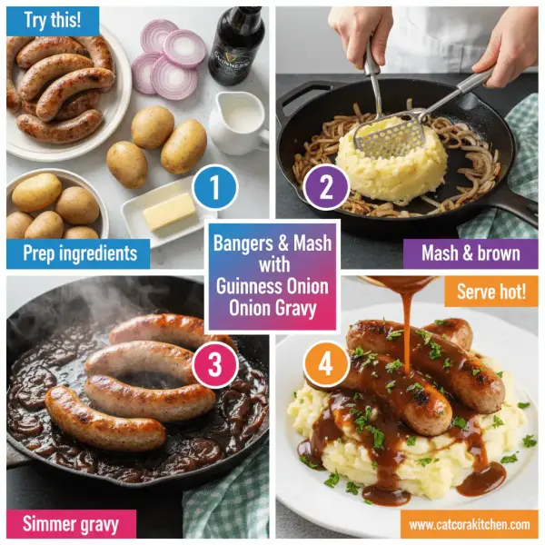card recipe ingredients and instructions bangers and mash with Guinness onion gravy