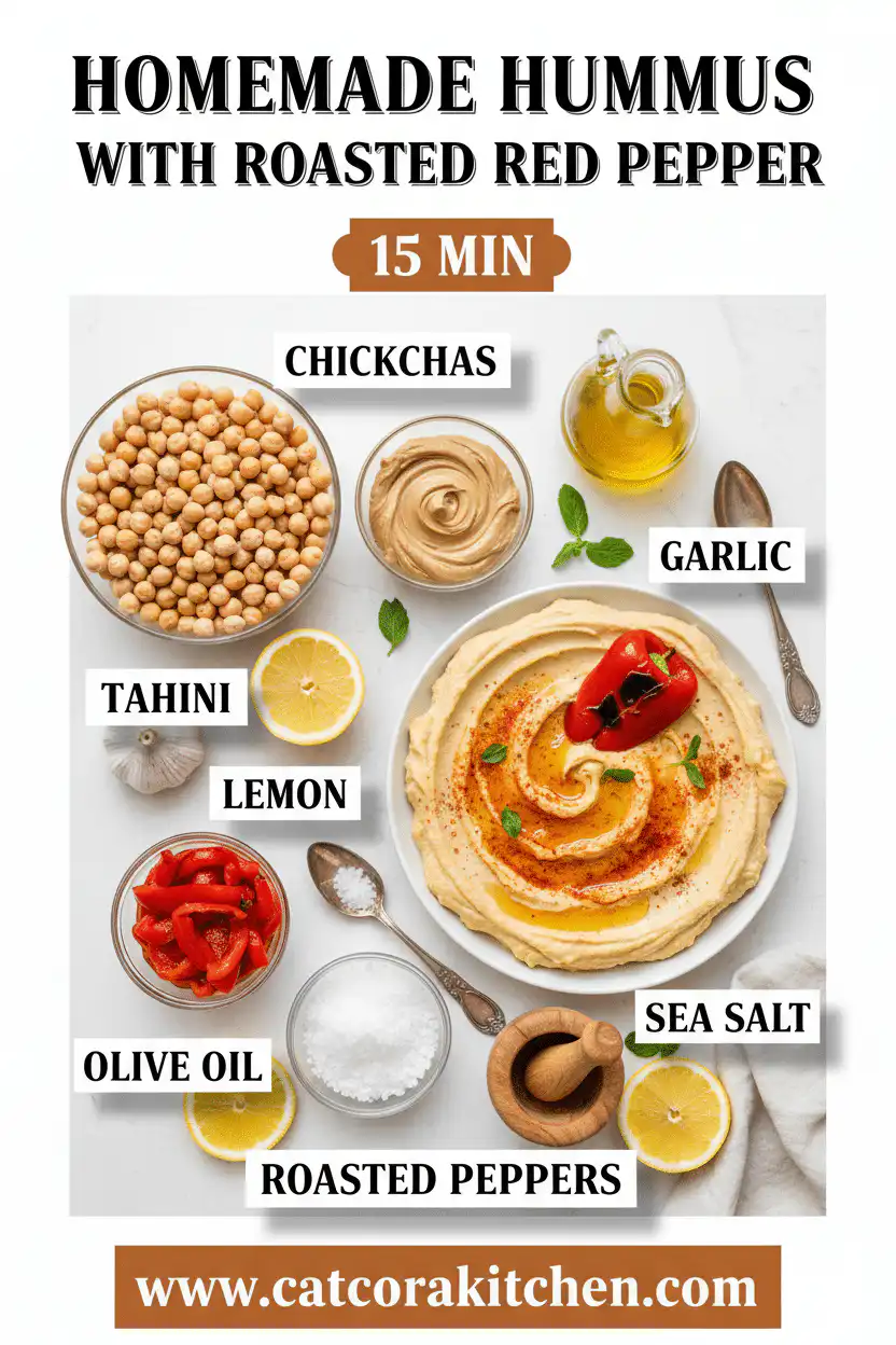 Homemade hummus with roasted red pepper ingredients