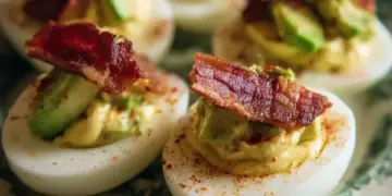 deviled eggs with avocado and bacon