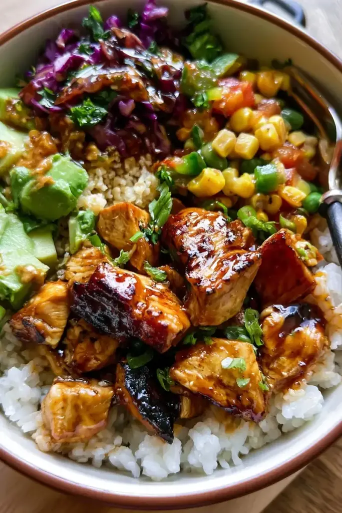 BBQ chicken rice bowl recipeCard1