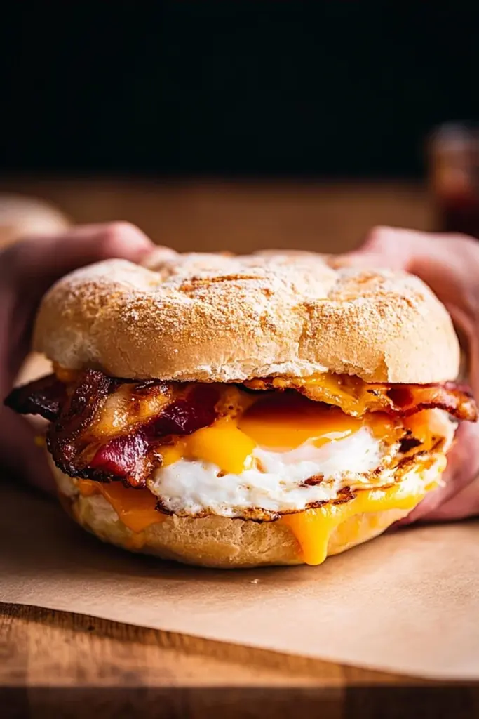cheesy bacon breakfast sandwich recipeCard1