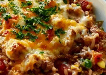 cheesy ground beef rice casserole recipe featured