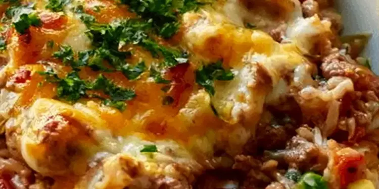 cheesy ground beef rice casserole recipe featured