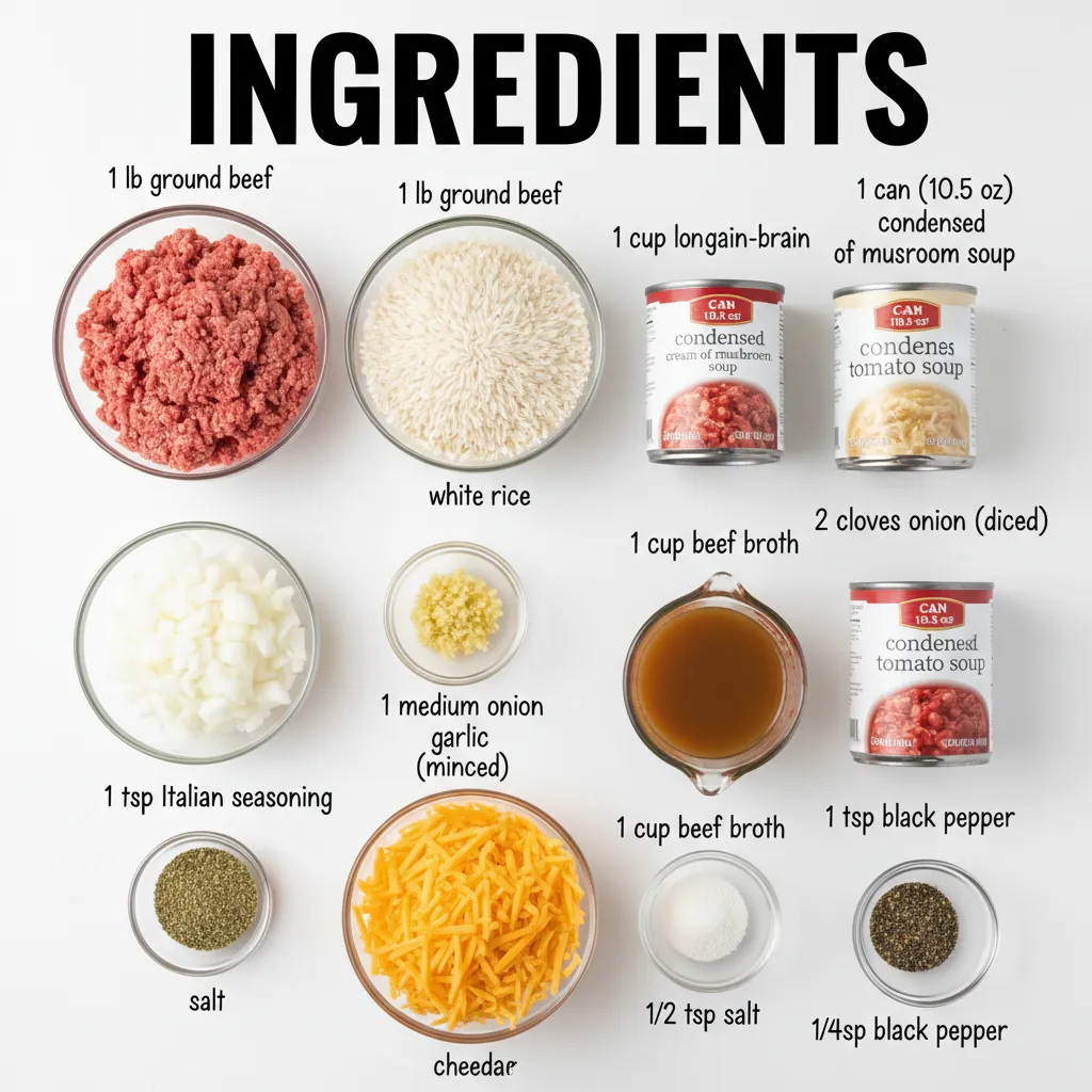 cheesy ground beef rice casserole recipe ingredients