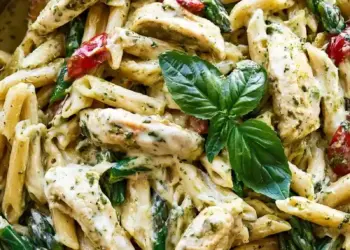creamy pesto chicken pasta recipe featured