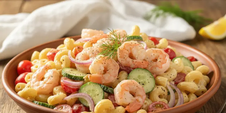creamy shrimp pasta salad featured