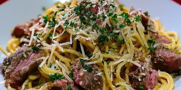 garlic parmesan steak pasta recipe featured