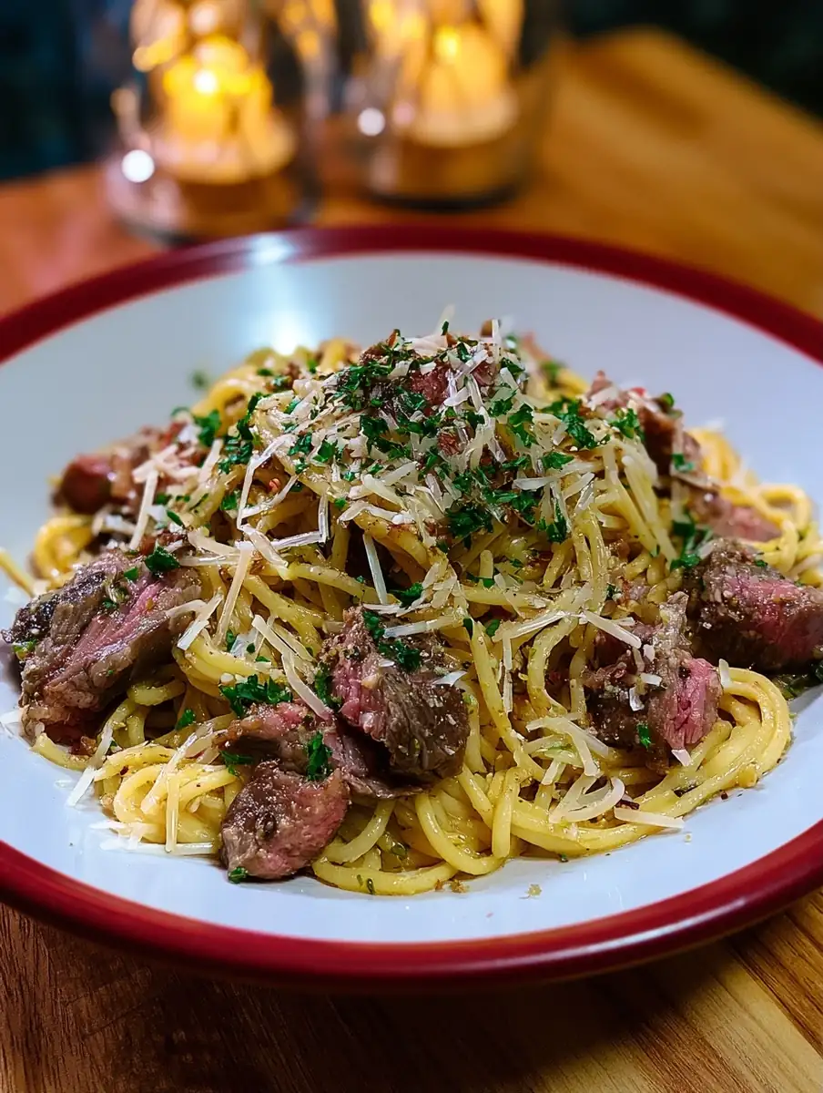 garlic parmesan steak pasta recipe featured