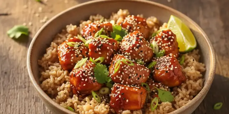healthy sticky chicken rice bowl featured