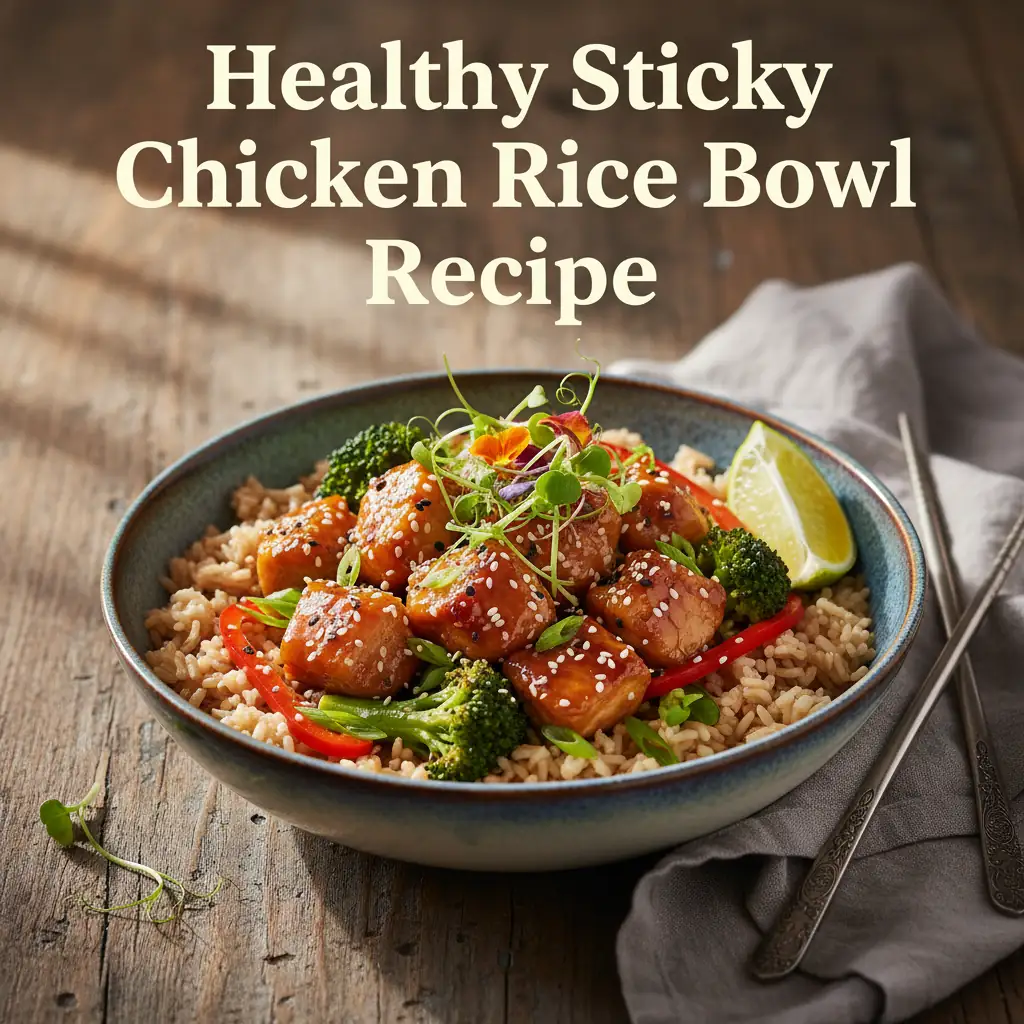 healthy sticky chicken rice bowl recipeCard1