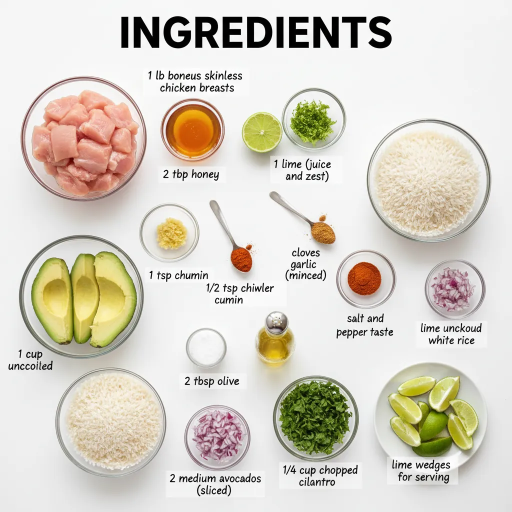 honey lime chicken avocado rice bowl ingredients