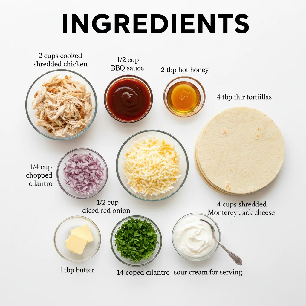 hot honey BBQ chicken quesadilla recipe ingredients