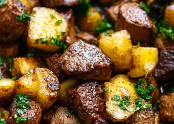 steak bites and potatoes recipe featured