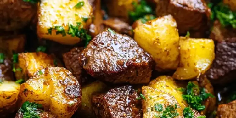 steak bites and potatoes recipe featured