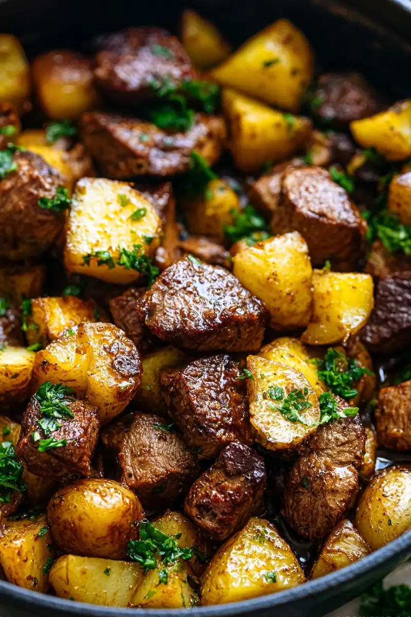 steak bites and potatoes recipe featured