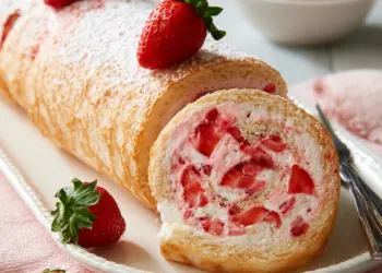 strawberries and cream swiss roll recipe featured