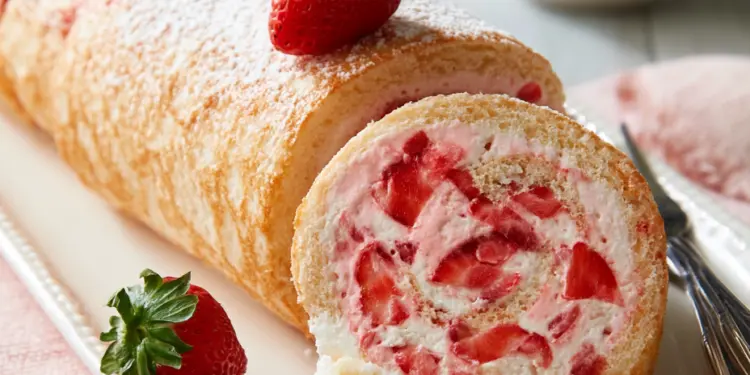 strawberries and cream swiss roll recipe featured