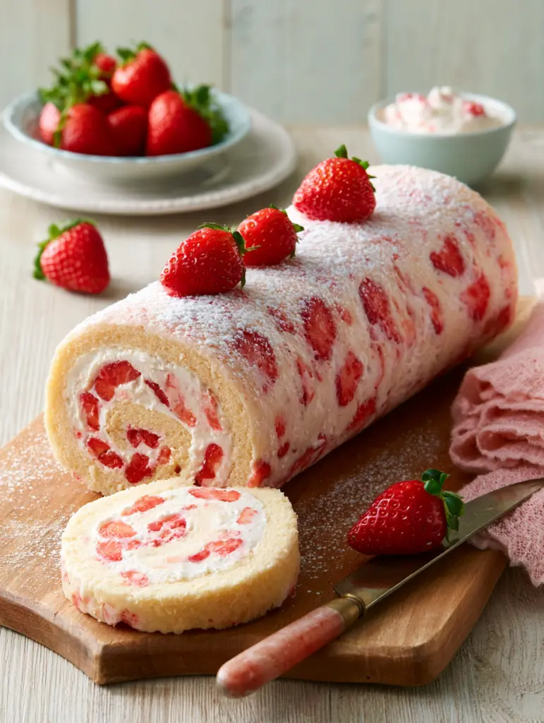 strawberries and cream swiss roll recipe recipeCard1