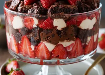 strawberry brownie trifle recipe featured