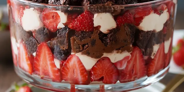 strawberry brownie trifle recipe featured