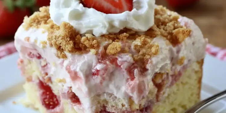 strawberry cheesecake poke cake recipe featured