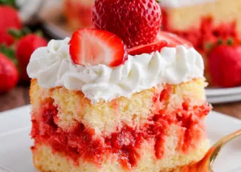 strawberry poke cake recipe featured