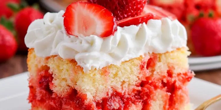 strawberry poke cake recipe featured