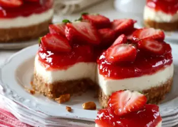 strawberry pretzel cheesecake recipe featured