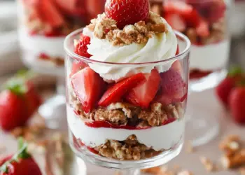 strawberry pretzel salad parfaits recipe featured