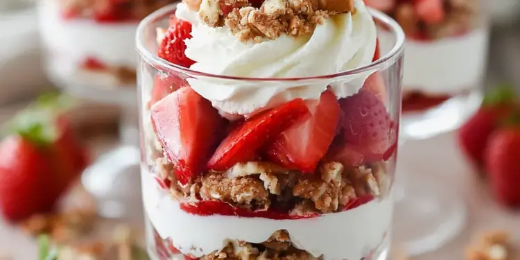 strawberry pretzel salad parfaits recipe featured