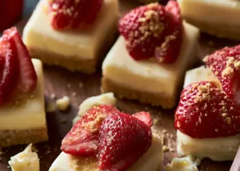 white chocolate strawberry cheesecake bars featured