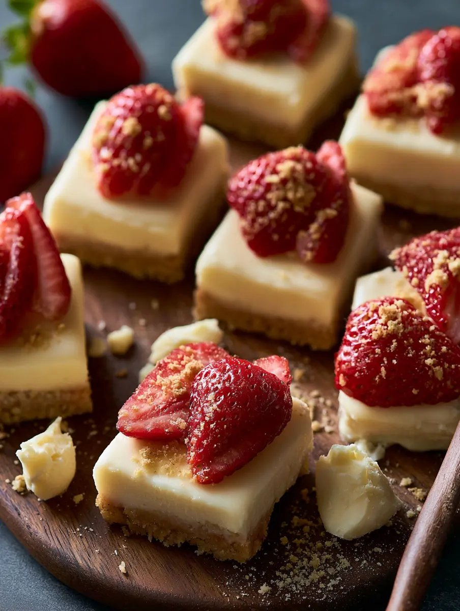 white chocolate strawberry cheesecake bars featured